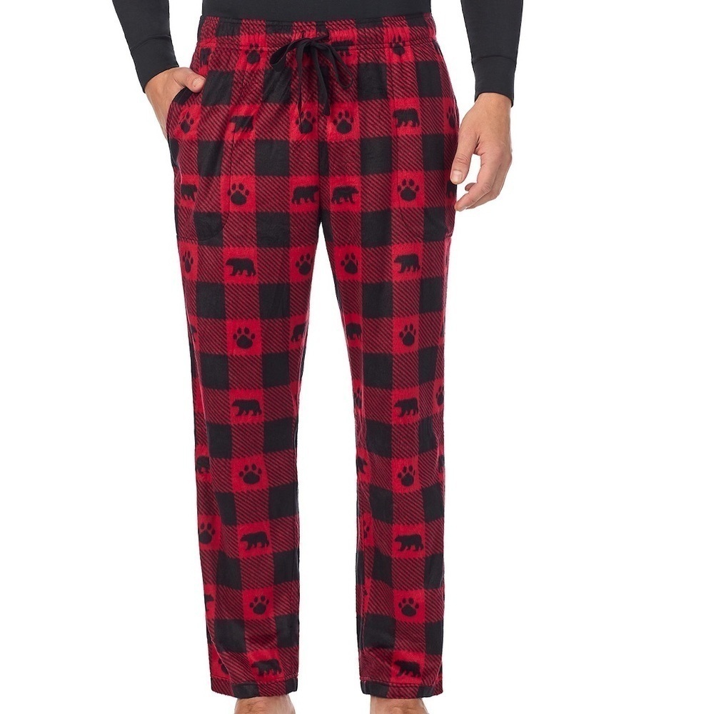 🆕 Men’s Cuddl Duds Cozy Sleep Pant Red Black Checkered Bear Print Size Large